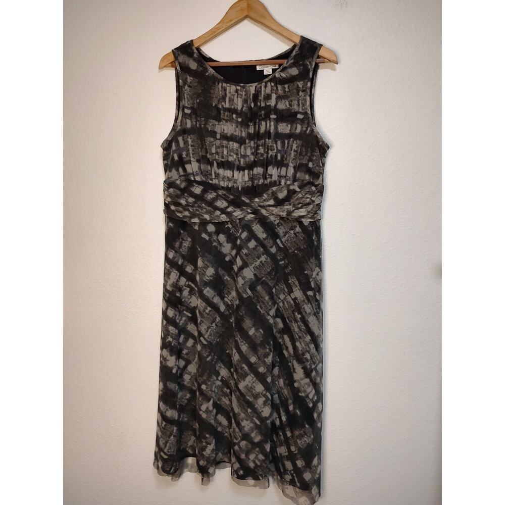 Coldwater Creek Brown Cream Abstract Sleeveless Round Neck Mesh Midi Dress Large